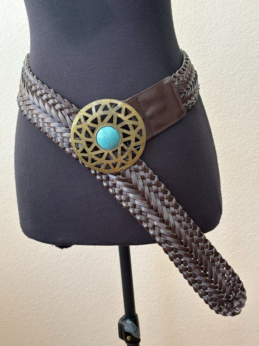 Brown Braided Boho Western Belt Turquoise Look Statement Buckle